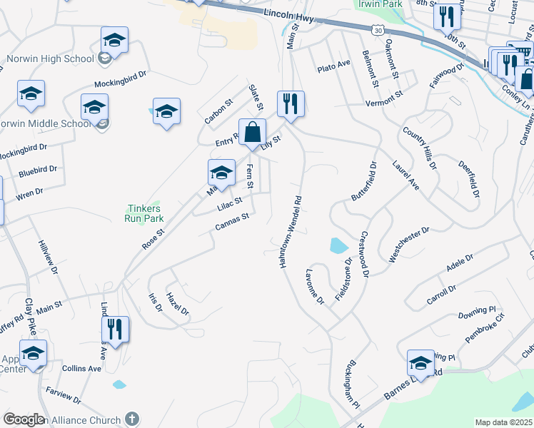 map of restaurants, bars, coffee shops, grocery stores, and more near 680 Hahntown-Wendel Road in Irwin