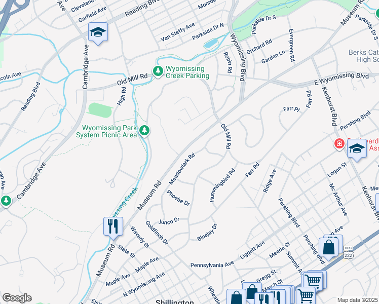 map of restaurants, bars, coffee shops, grocery stores, and more near 1631 Meadowlark Road in Wyomissing