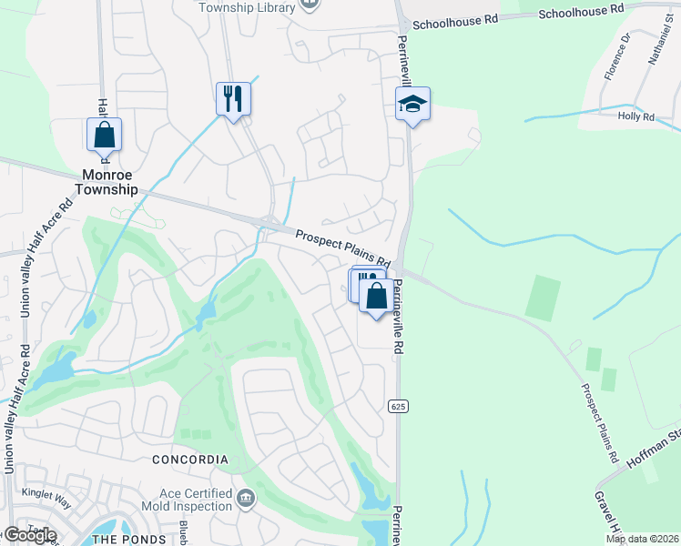 map of restaurants, bars, coffee shops, grocery stores, and more near 159A Concordia Circle in Monroe Township
