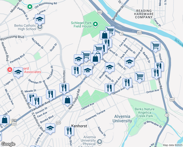 map of restaurants, bars, coffee shops, grocery stores, and more near 632 Lancaster Avenue in Reading