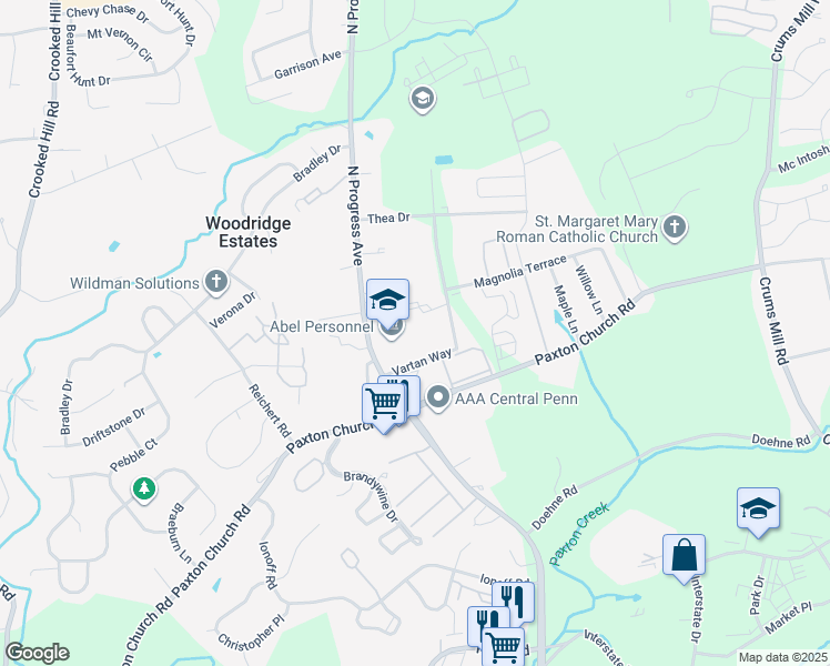 map of restaurants, bars, coffee shops, grocery stores, and more near 2330 Vartan Way in Harrisburg