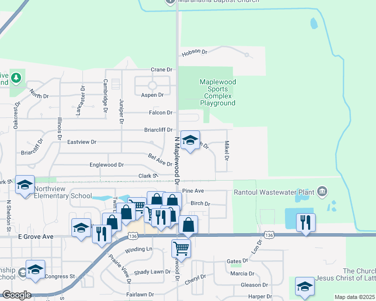 map of restaurants, bars, coffee shops, grocery stores, and more near 650 North Maplewood Drive in Rantoul