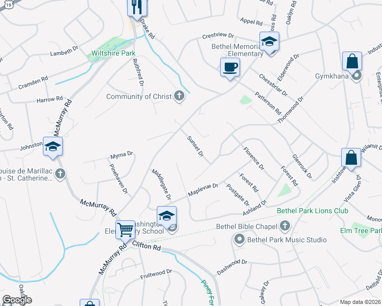 map of restaurants, bars, coffee shops, grocery stores, and more near 315 Turngate Drive in Bethel Park
