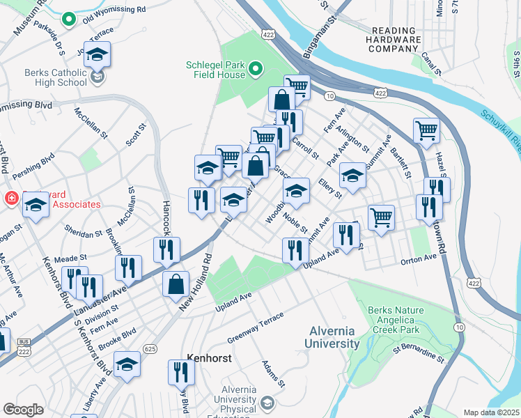 map of restaurants, bars, coffee shops, grocery stores, and more near 615 Fern Avenue in Reading