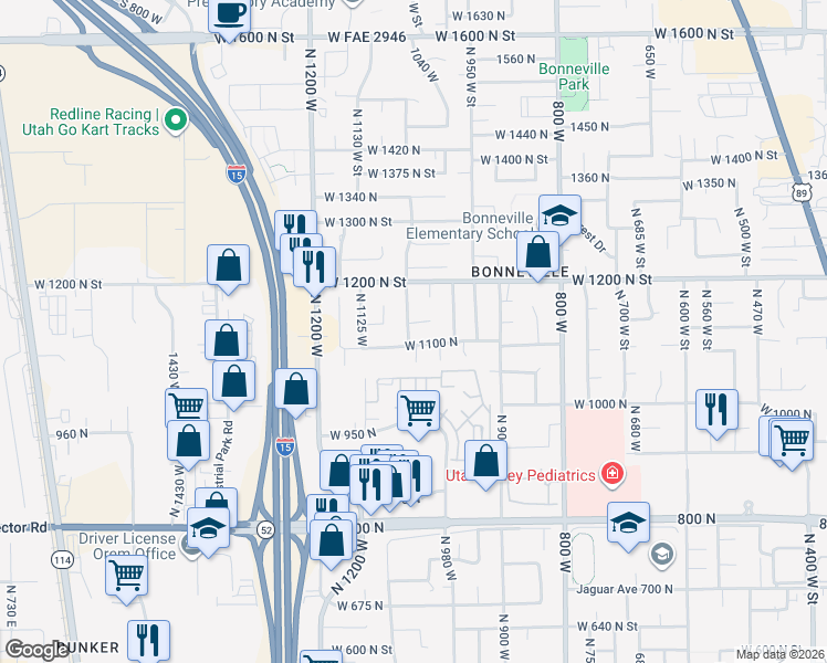 map of restaurants, bars, coffee shops, grocery stores, and more near 1126 North 1050 West Street in Orem