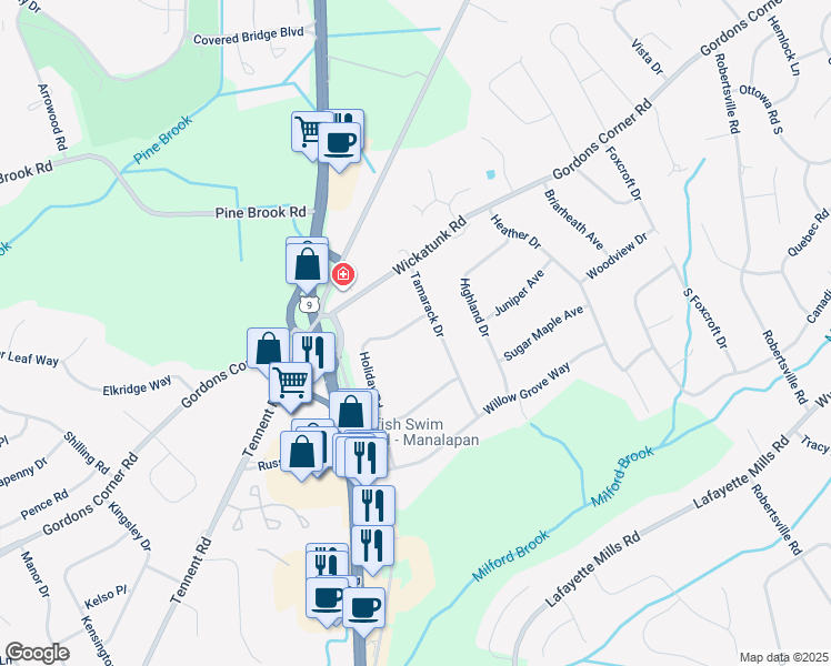 map of restaurants, bars, coffee shops, grocery stores, and more near 4 Holiday Road in Manalapan Township