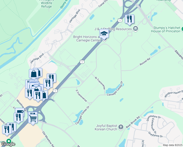 map of restaurants, bars, coffee shops, grocery stores, and more near Carnegie Center Drive in Princeton