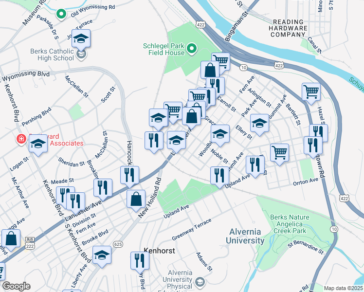map of restaurants, bars, coffee shops, grocery stores, and more near 632 Lancaster Avenue in Reading