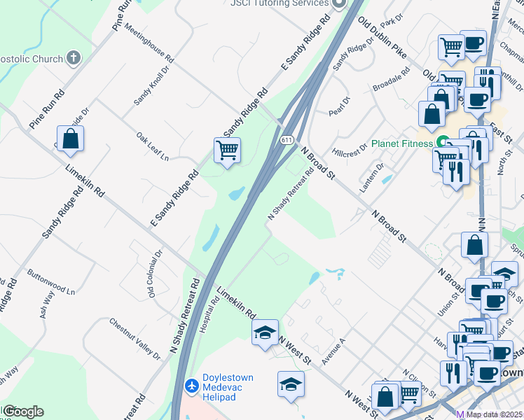 map of restaurants, bars, coffee shops, grocery stores, and more near 612 North Shady Retreat Road in Doylestown