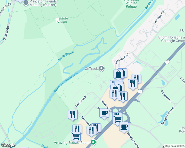 map of restaurants, bars, coffee shops, grocery stores, and more near 111 Biscayne Court in Princeton
