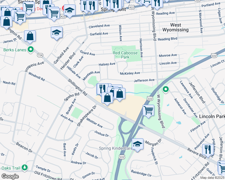 map of restaurants, bars, coffee shops, grocery stores, and more near 114 Glenfield Court in West Lawn