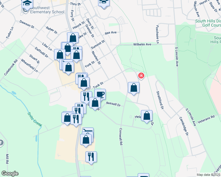 map of restaurants, bars, coffee shops, grocery stores, and more near 923 Russell Drive in Lebanon