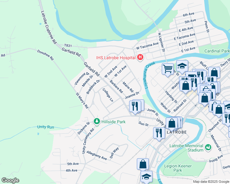 map of restaurants, bars, coffee shops, grocery stores, and more near 113 College Lane in Latrobe