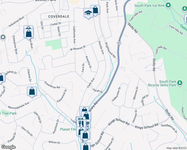 map of restaurants, bars, coffee shops, grocery stores, and more near 5675 Clark Avenue in Bethel Park