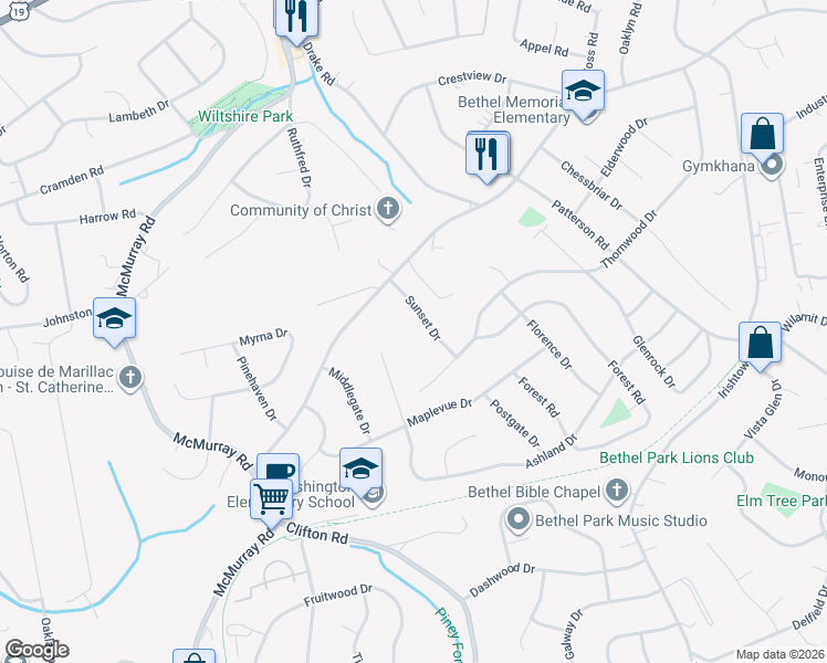 map of restaurants, bars, coffee shops, grocery stores, and more near 315 Turngate Drive in Bethel Park
