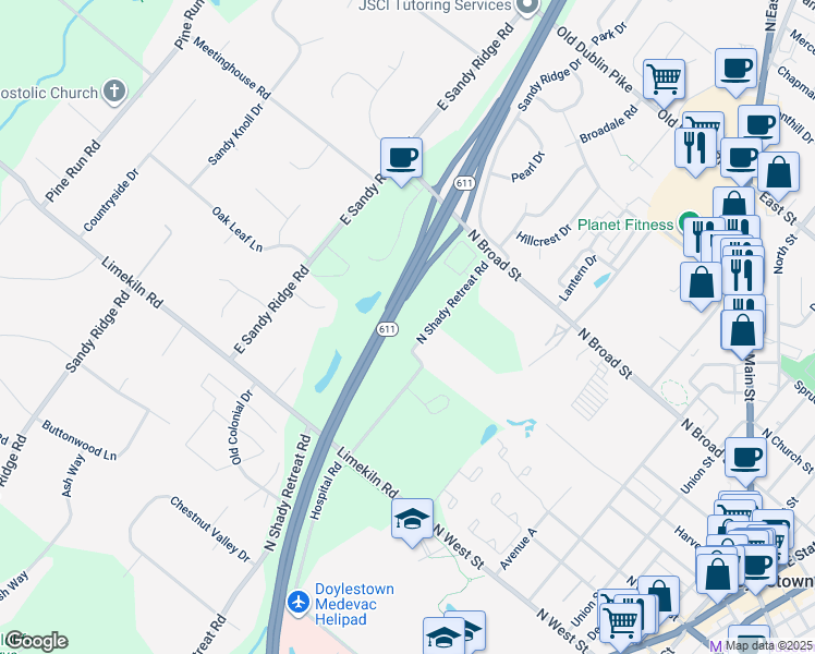 map of restaurants, bars, coffee shops, grocery stores, and more near 612 North Shady Retreat Road in Doylestown