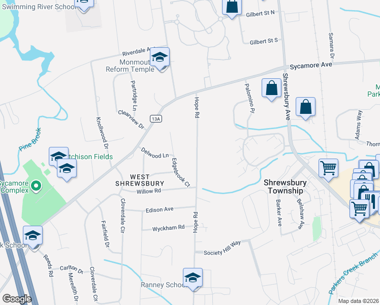 map of restaurants, bars, coffee shops, grocery stores, and more near 68 Hope Road in Tinton Falls
