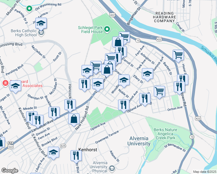 map of restaurants, bars, coffee shops, grocery stores, and more near 615 Fern Avenue in Reading