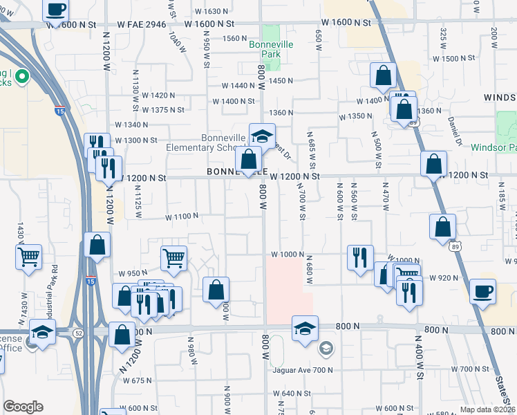 map of restaurants, bars, coffee shops, grocery stores, and more near 1123 North 800 West in Orem