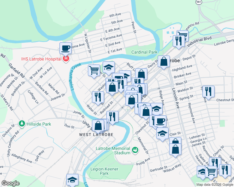 map of restaurants, bars, coffee shops, grocery stores, and more near 131 Thompson Street in Latrobe