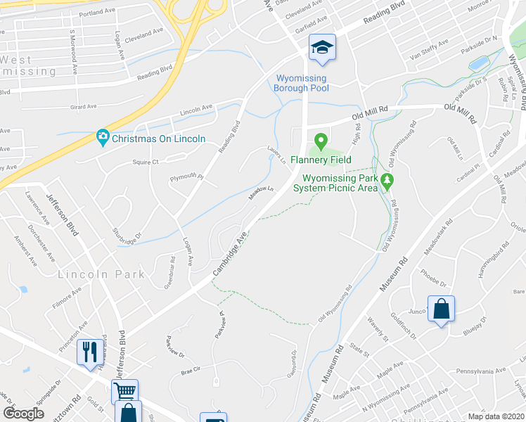 map of restaurants, bars, coffee shops, grocery stores, and more near 1831 Cambridge Avenue in Wyomissing