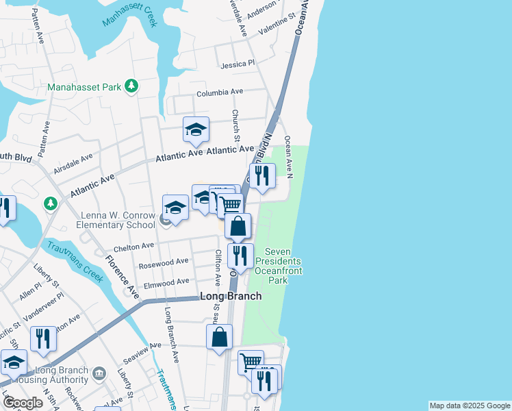 map of restaurants, bars, coffee shops, grocery stores, and more near 350 Ocean Avenue in Long Branch