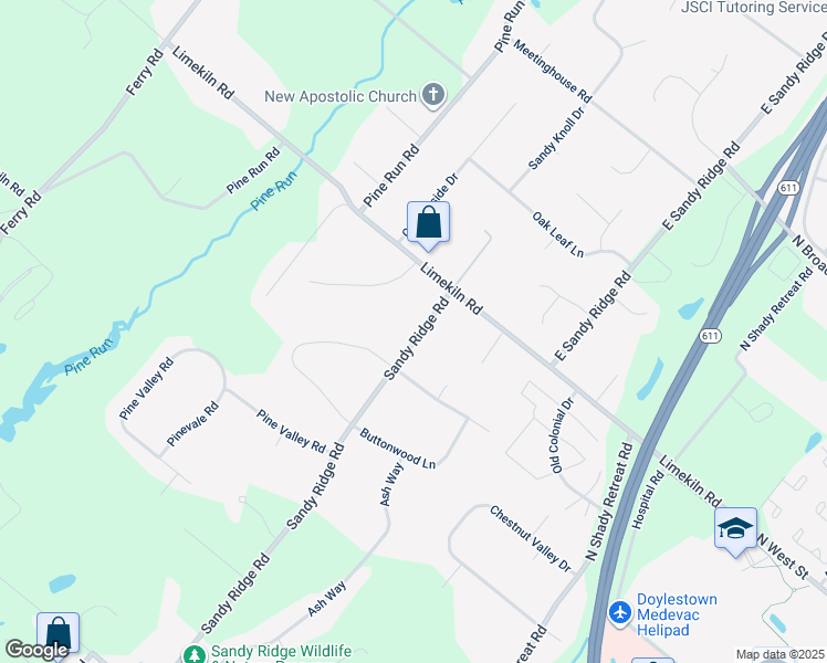 map of restaurants, bars, coffee shops, grocery stores, and more near 742 West Sandy Ridge Road in Doylestown