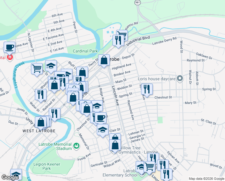 map of restaurants, bars, coffee shops, grocery stores, and more near 599 Weldon Street in Latrobe