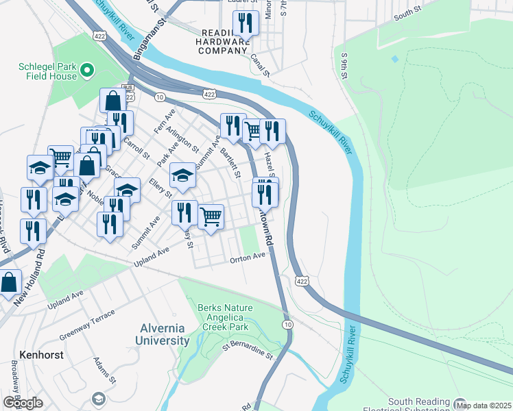 map of restaurants, bars, coffee shops, grocery stores, and more near 401 Morgantown Road in Reading