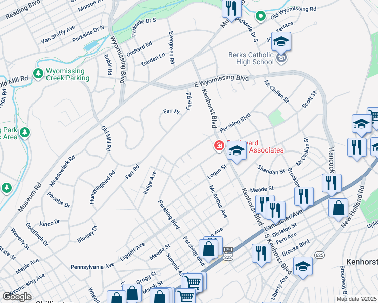 map of restaurants, bars, coffee shops, grocery stores, and more near 1401 Pershing Boulevard in Reading