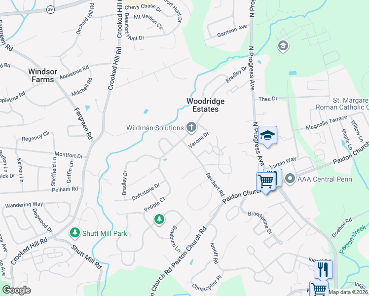 map of restaurants, bars, coffee shops, grocery stores, and more near 2005 Bradley Drive in Harrisburg