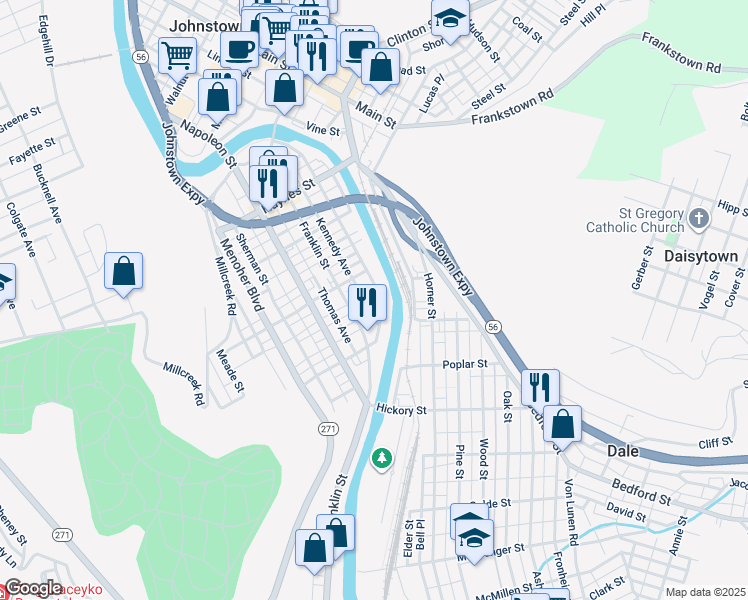 map of restaurants, bars, coffee shops, grocery stores, and more near 701-715 Somerset St in Johnstown