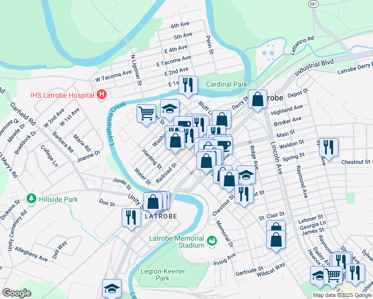 map of restaurants, bars, coffee shops, grocery stores, and more near 316 Thompson Street in Latrobe