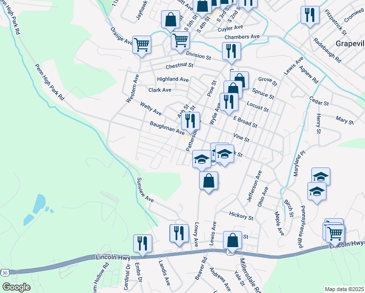 map of restaurants, bars, coffee shops, grocery stores, and more near 200 Baughman Avenue in Jeannette