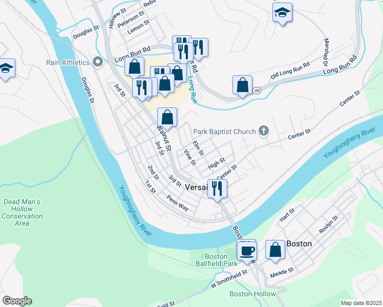 map of restaurants, bars, coffee shops, grocery stores, and more near 605 Bayne Street in McKeesport