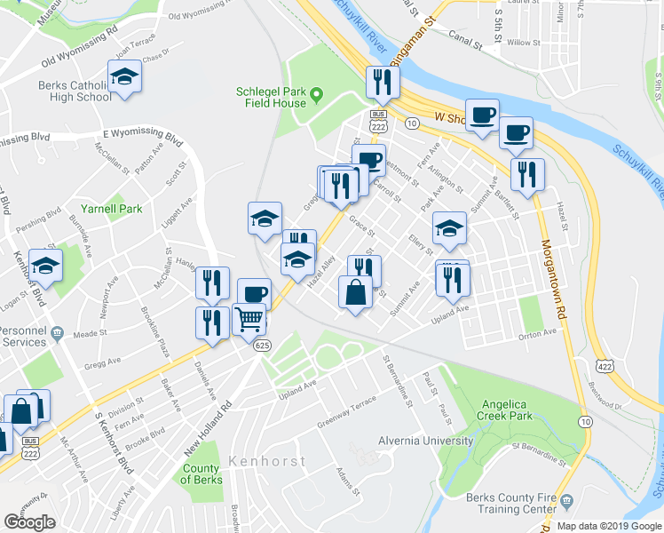 map of restaurants, bars, coffee shops, grocery stores, and more near 611 Fern Avenue in Reading