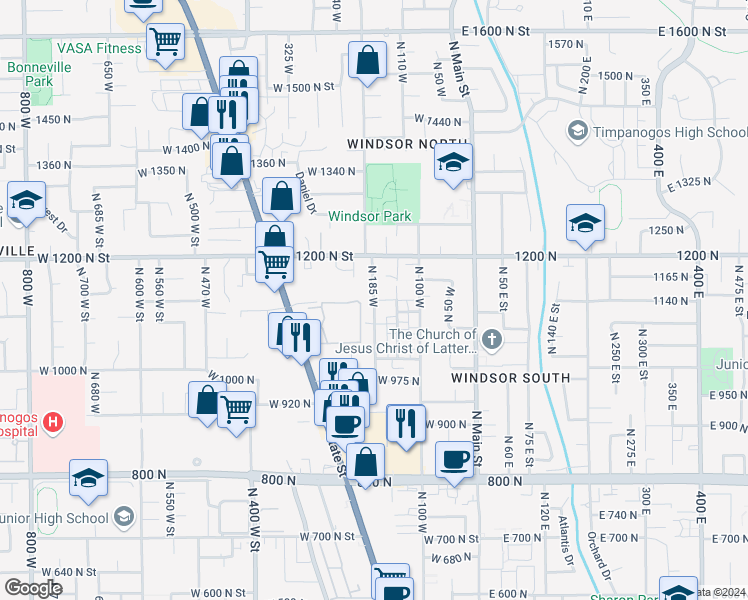 map of restaurants, bars, coffee shops, grocery stores, and more near 1118 North 185 West in Orem