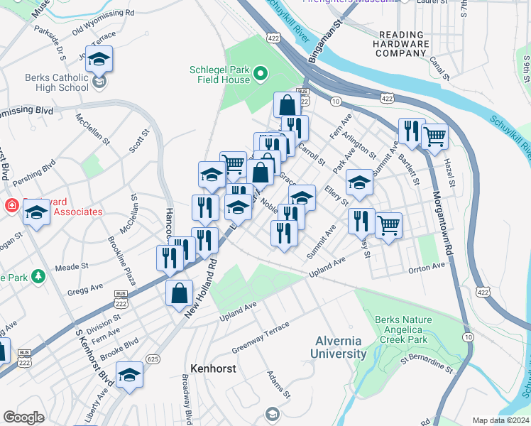 map of restaurants, bars, coffee shops, grocery stores, and more near 611 Fern Avenue in Reading
