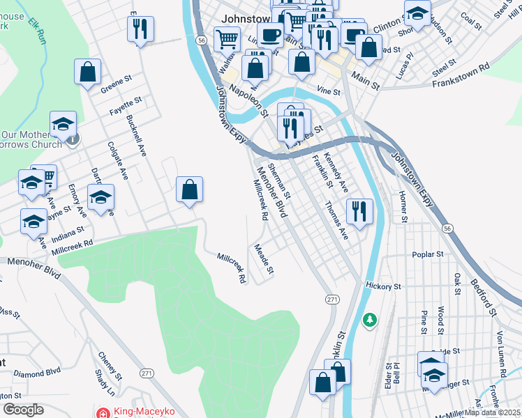 map of restaurants, bars, coffee shops, grocery stores, and more near 614 Millcreek Road in Johnstown