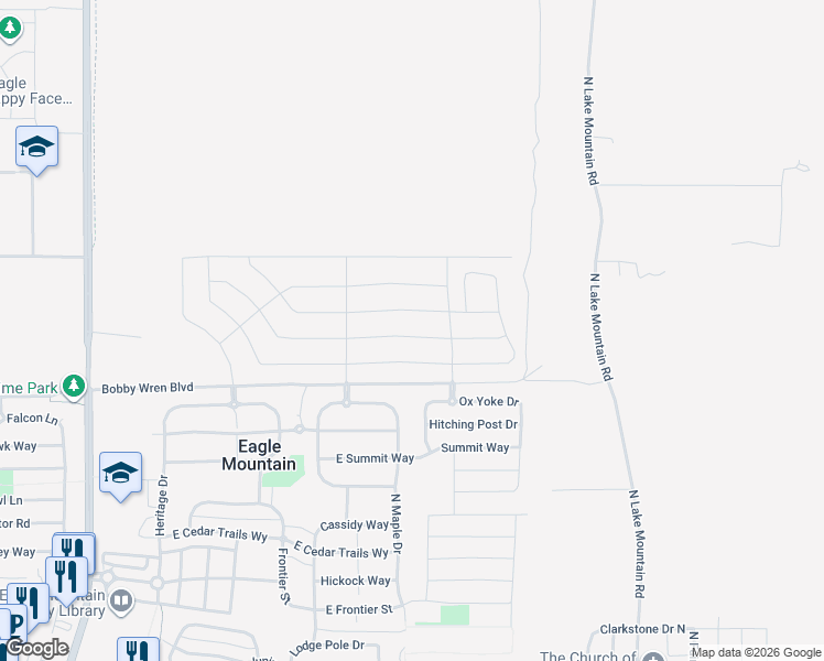 map of restaurants, bars, coffee shops, grocery stores, and more near 2241 Granite Lane in Eagle Mountain