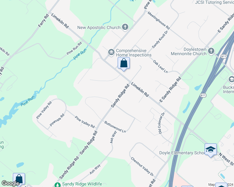 map of restaurants, bars, coffee shops, grocery stores, and more near 742 West Sandy Ridge Road in Doylestown