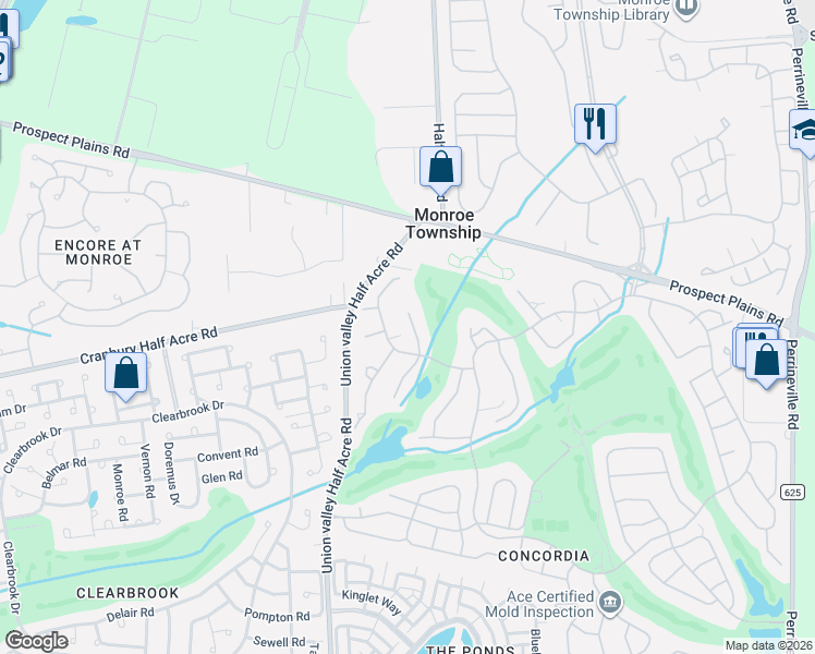 map of restaurants, bars, coffee shops, grocery stores, and more near 17B Patrick Henry Court in Monroe Township