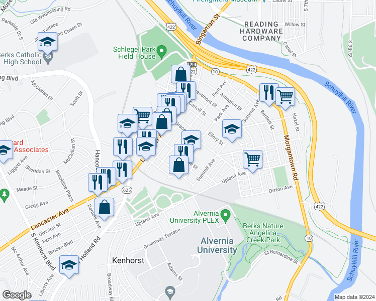 map of restaurants, bars, coffee shops, grocery stores, and more near 527 Park Avenue in Reading