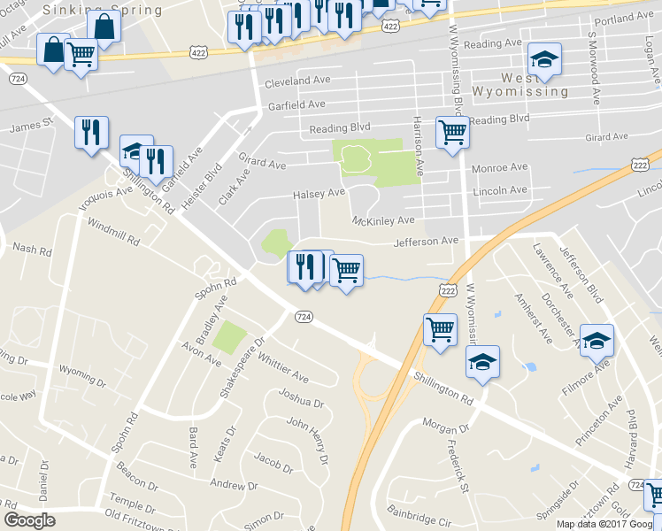map of restaurants, bars, coffee shops, grocery stores, and more near 114 Glenfield Court in West Lawn