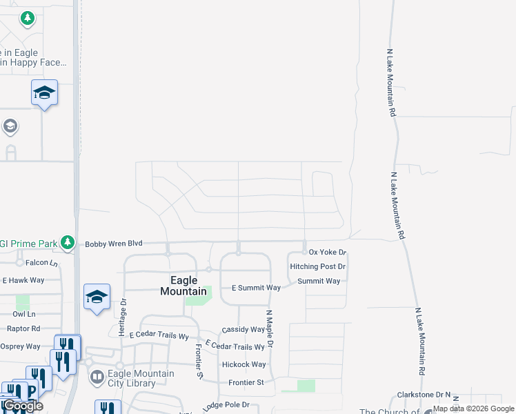 map of restaurants, bars, coffee shops, grocery stores, and more near 2173 Granite Lane in Eagle Mountain