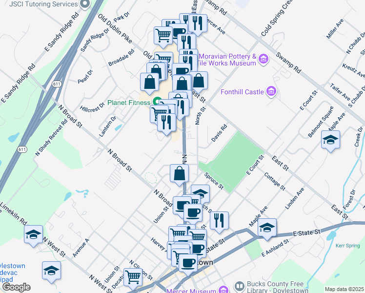 map of restaurants, bars, coffee shops, grocery stores, and more near 354 North Main Street in Doylestown