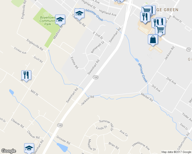 map of restaurants, bars, coffee shops, grocery stores, and more near Highway 100 in Gilbertsville
