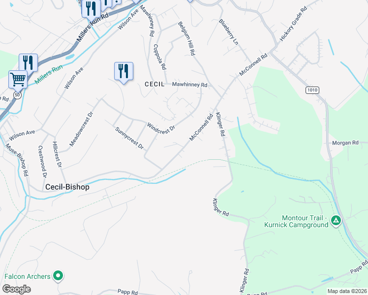 map of restaurants, bars, coffee shops, grocery stores, and more near McConnell Road in Cecil-Bishop