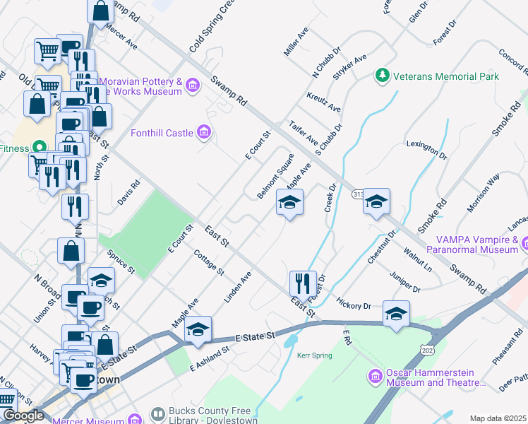 map of restaurants, bars, coffee shops, grocery stores, and more near 545 Maple Avenue in Doylestown