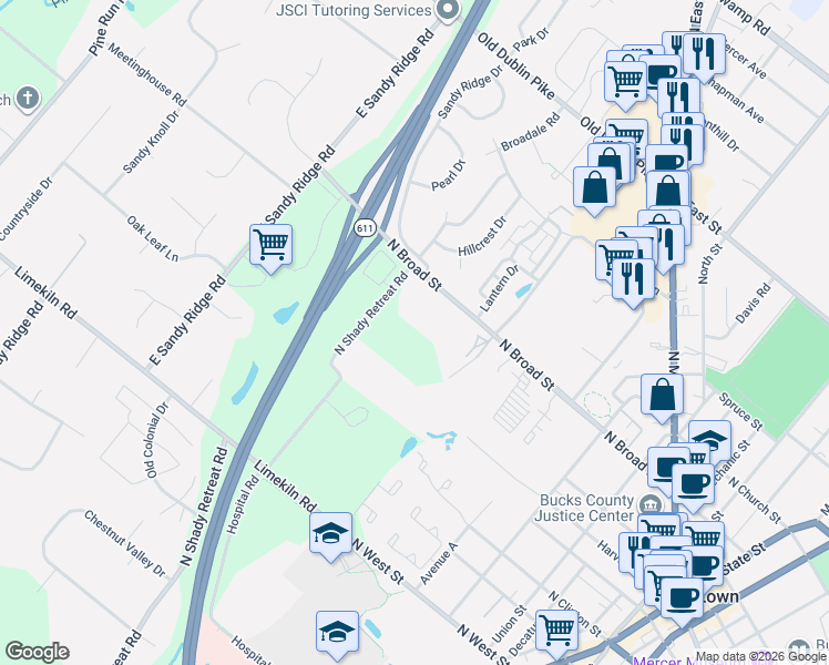 map of restaurants, bars, coffee shops, grocery stores, and more near 705 North Shady Retreat Road in Doylestown